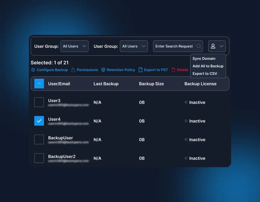 User management screen