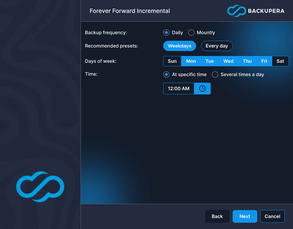 Schedule settings screen